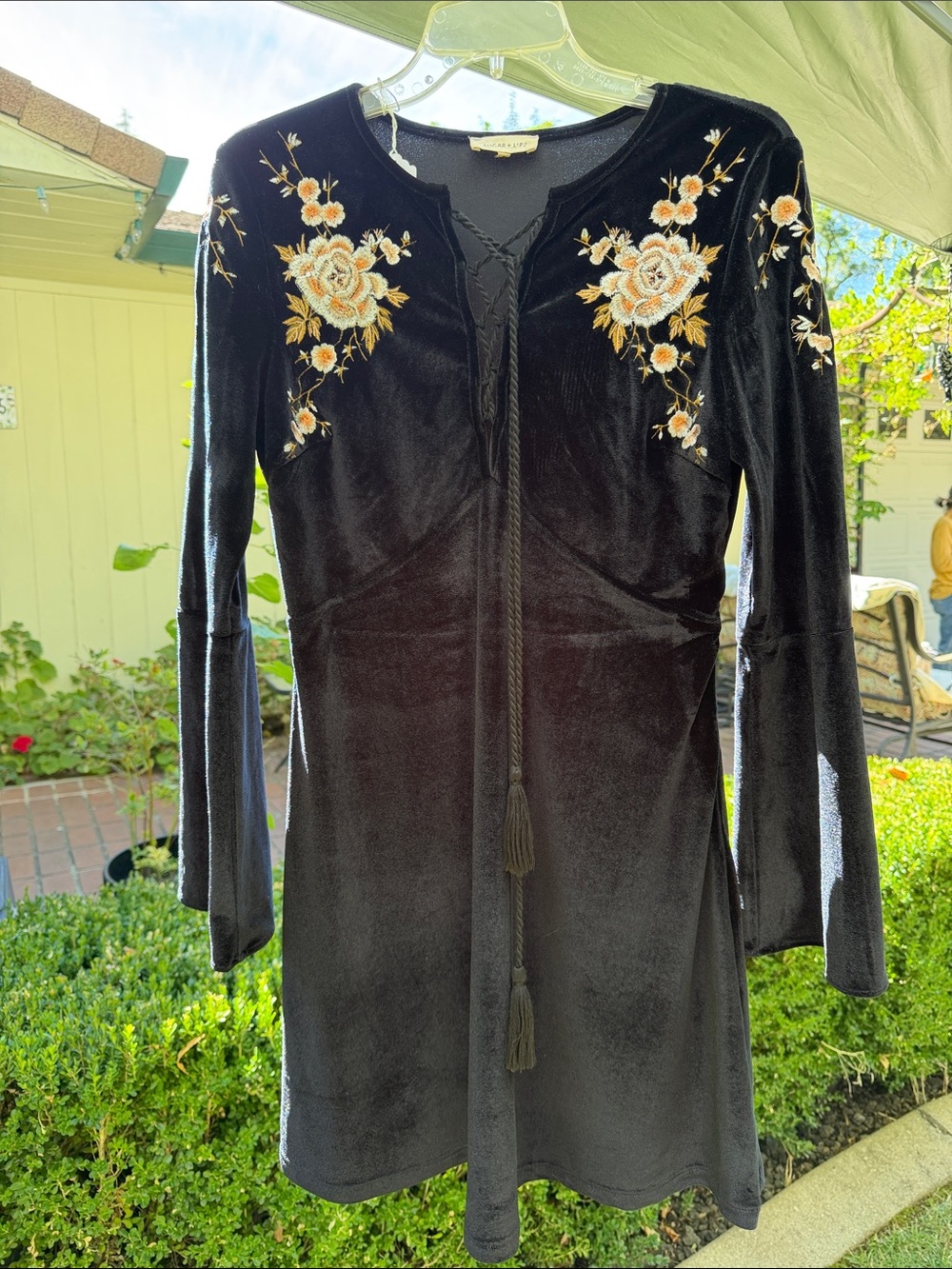 Sugarlips Black Velvet Long-Sleeve Dress with Cream & Gold Floral Embroidery